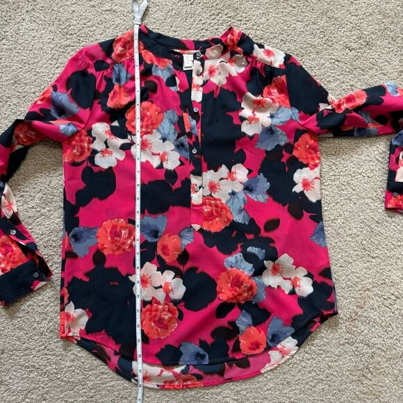 J. Crew Floral popover henley blouse, raspberry floral pattern, size XXS - Picture 6 of 7